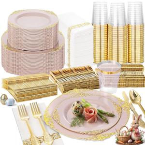 Nervure 350PCS Pink Plastic Plates - Pink Plastic Dinnerware Sets for 50 Guests - 100 Disposable Plates, 150 Gold Silverware, 50 Cups, 50 Napkins Perfect for Wedding & Party & Mother's Day