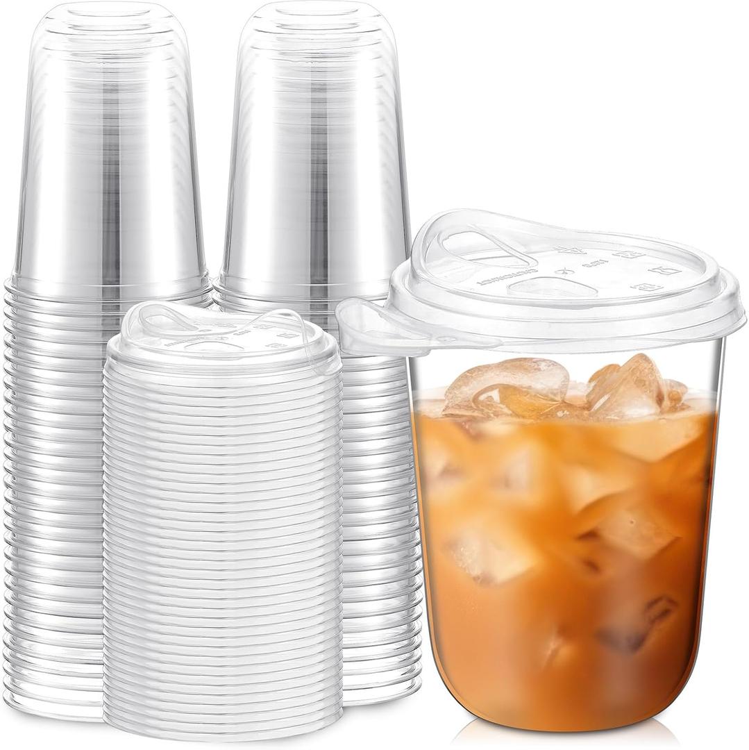 Ziliny 50 Pack 16oz Clear Plastic Cups with Strawless Sip Lids Disposable Iced Coffee Cups Pet Crystal Round Bottom Tumblers for Iced Coffee, Cold Drinks, Smoothie, Drink Shops and Party Catering