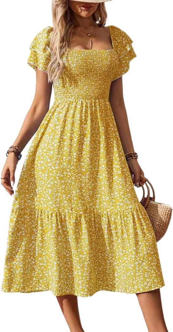 SKAYS Women's Square Neck Floral Dress Puff Sleeve Autumn Casual Ruffle Long Dress (Yellow) M
