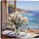 OKEXCKK Blue Ocean Beach Canvas Wall Art with White Flower Windowsill Picture Bathroom Wall Decor Seascape Poster Floral Painting Print Coastal Artwork for Living Room Bedroom 20"x20"