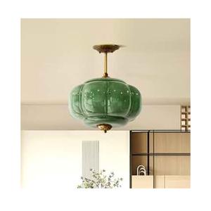 Milk Glass Ceiling Light Fixture - Antique Brass Semi Flush Mount Pendant Light for Kitchen, Hallway, and Bedroom (Green 15 inch)