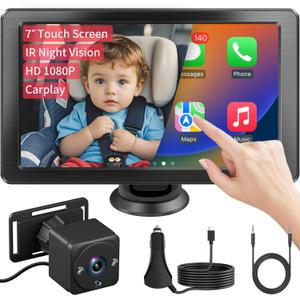 7" HD Touchscreen Baby Car Camera - Car Baby Monitor with Apple CarPlay, 1080p Ultra Night Vision, Invisible Infrared Lights, 150 Wide Angle, Easy Installation, Fits Most Cars
