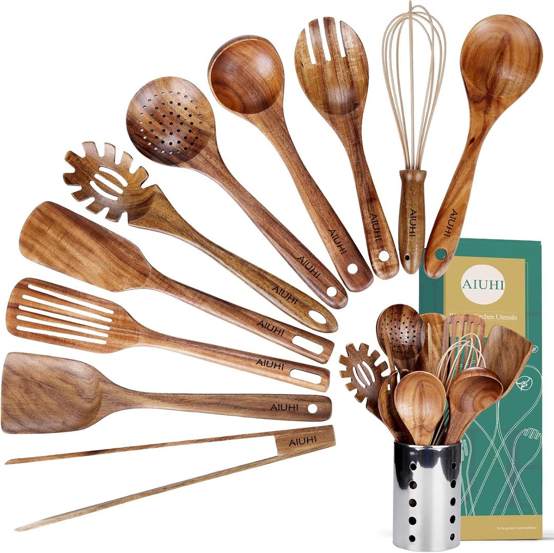 Kitchen Utenails Set with Holder, Kitchen Wooden Utensils for Cooking, Wood Utensil Natural Teak Wood Spoons for Cooking, Wooden Kitchen Utensil Set With Spatula and Ladle (11)