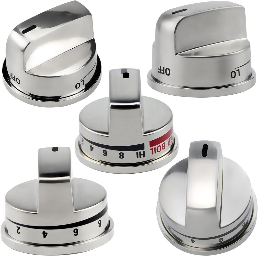Funmit Upgrade Gas Stove Knobs Replacements for LG LRG30357ST LRG30355ST LRG30855ST Gas Range, 4PCS EBZ37189611 Range Control Knob and 1PCS EBZ37189609 Range Burner Control Knob (Super Boil)