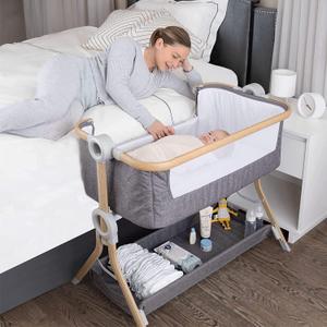 KoolerThings Baby Bassinet, Bedside Sleeper for Baby, Easy Folding Portable Crib with Storage Basket for Newborn, Bedside Bassinet, Comfy Mattress/Travel Bag Included (Grey-wood Look)