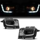 HECASA Pair Projector Headlight Compatible with 2010-2013 Chevy Chevrolet Camaro Replacement for GM2502346 GM2503346 w/LED Tube DRL Front Light Lamp Left & Right - Clear Lens Black Housing