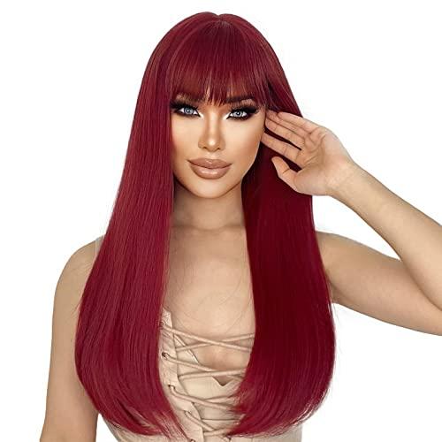 ENTRANCED STYLES Red Wigs for Women Long Straight Red Wig with Bangs Synthetic Burgundy Wig Colored Cosplay Wig for Girls Halloween Daily Party Use 22 Inch