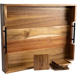 Acacia Wooden Ottoman Tray for Living Room  21" Large Coffee Table Serving Tray with Handles & 6 Coasters Set, Perfect for Food, Drinks, Kitchen, and Home Decor