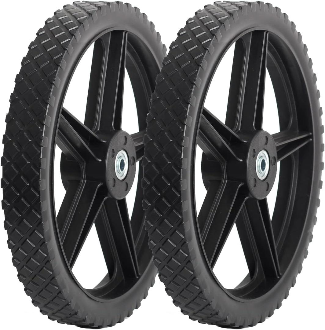 14 x 1.75'' Spoked Plastic Wheel and Tire, 2.45" Hub Length, 1/2" Inside Bearing, Universal Replacement Wheel for Lawn Mowers and DIY Trolley Wagon Cart, 2 Pack