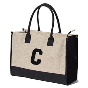ESVAN Personalized Gifts Canvas Tote Linen Bags Handbags Top Zipper Closure Initial Retro Utility Tote