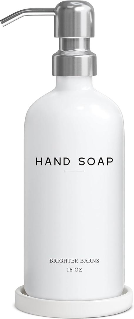 White Glass Hand Soap Dispenser Bathroom Set by Brighter Barns - Bathroom Soap Dispenser Set with Ceramic Tray - Refillable Glass Bottle Pump - Modern Home Decor for Airbnb, Hotel, Restaurants (White)