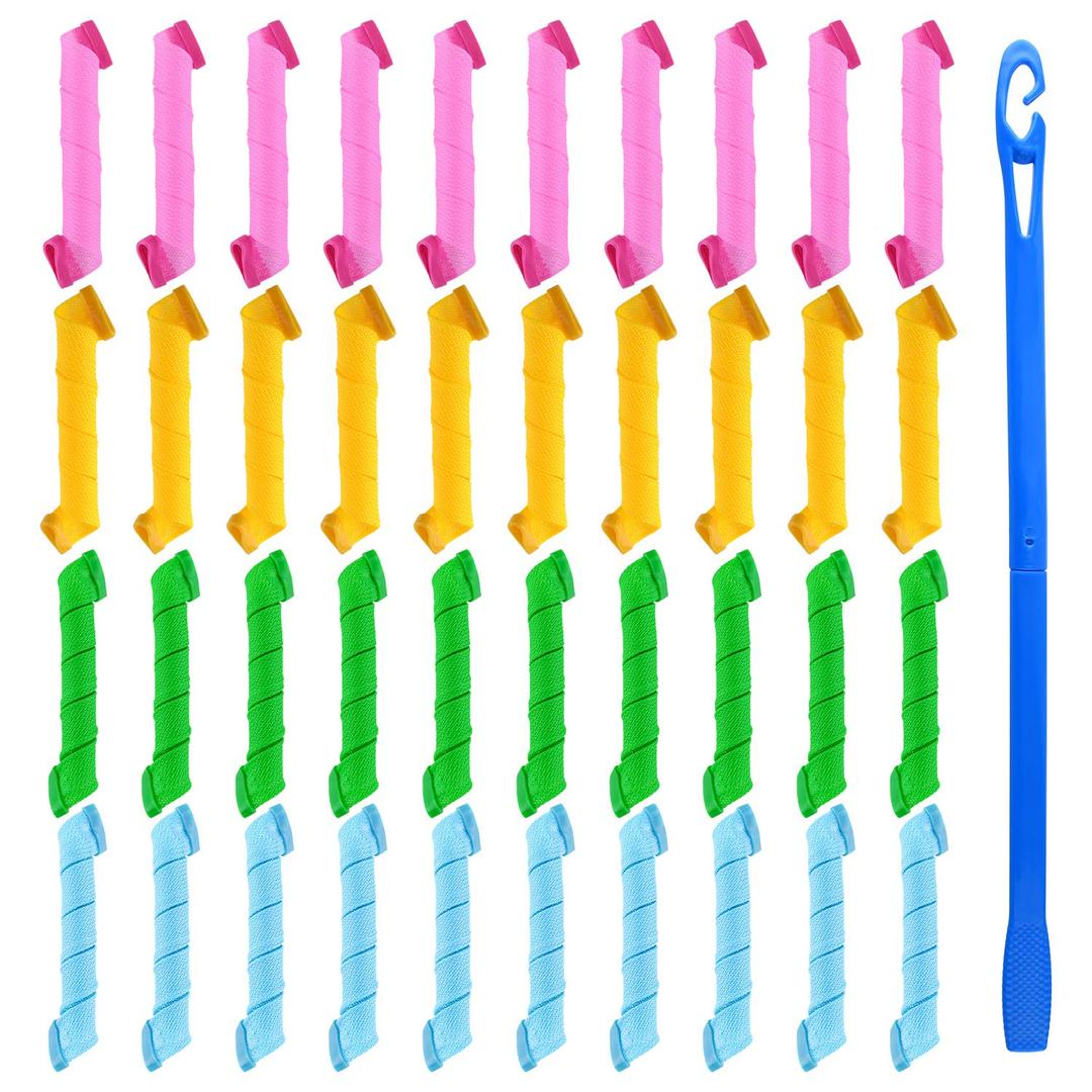FEPITO 40 Pack Spiral Hair Curlers and Wave Styling Kit - No Heat Curlers and Hooks for All Lengths, 30cm/ 12inch