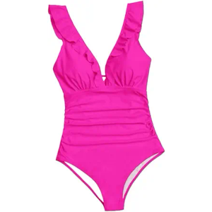 Women's Swim Ruffle Trim Ruched V Neck Knot One Piece Bikinis Swimsuit Beachwear Bathing Suit for Women, L