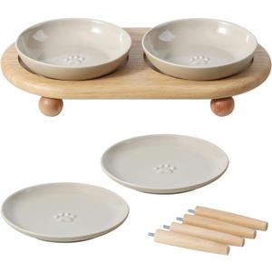 Havniva Cat Bowls Elevated 5.6 Ceramic Cat Bowl with Stand Whisker Friendly Cat Dishes, Cat Food & Water Bowl Set with Two Heights Options, Raised Cat Food Plates for Kitten Anti-Slip Pet Bowls (2 Bowls+2 Shallow Dishes+Stand- Vintage Latte)
