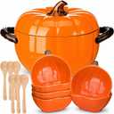 Qinyoung Pumpkin Ceramic Pot with Lid & 6 Set Fall Ramekins and Wood Spoons, soup pot about 54 oz, bowl about 6 oz