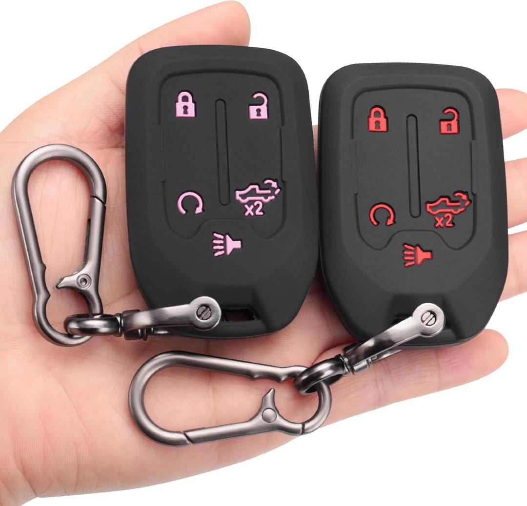 Key Fob Cover fit for GMC Sierra for Chevy Silverado 1500 2500 2500HD 3500 3500HD 2019 2020 2021 2022-2024, Soft Silicone Key Case with Keychain(Pink Button & Red Button)