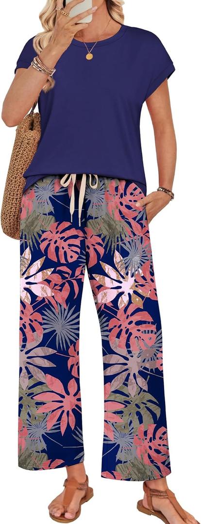 WIHOLL Two Piece Sets for Women Summer Spring Outfits Lounge Sets Beach Vacation Clothes Airport Travel Matching Clothing (S)