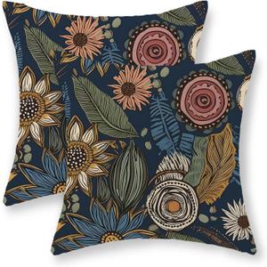 Boho Pillow Covers 18x18 Inch Set of 2 Vintage Floral Blue Throw Pillows Bohemian Paisley Botanical Flower Decorative Pillow Cases Farmhouse Linen Outdoor Cushion Case for Couch Sofa Decor