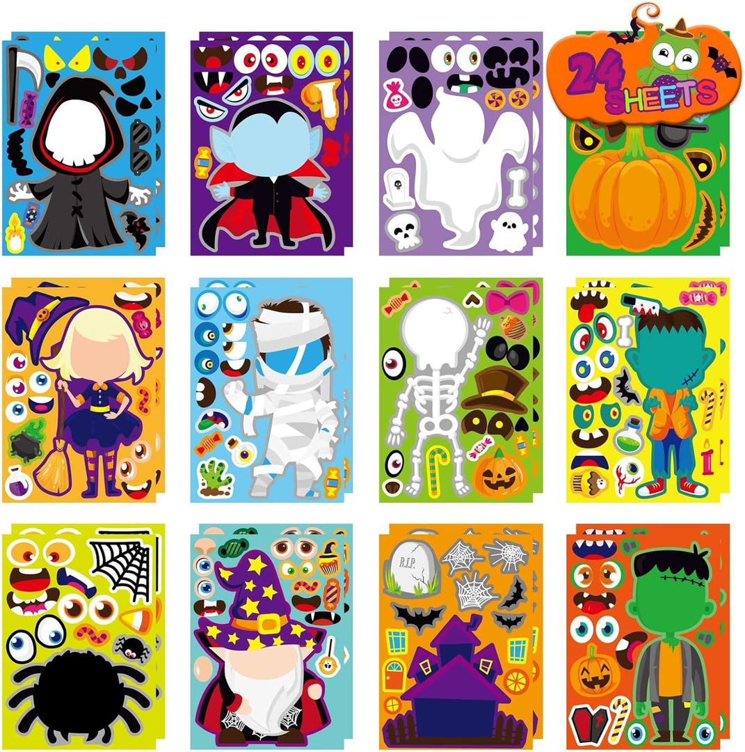 24 Sheets Halloween Stickers for Kids, Halloween Decorations, Kids Party Games, Face Stickers, Vinyl, Waterproof, Cartoon, Halloween Style