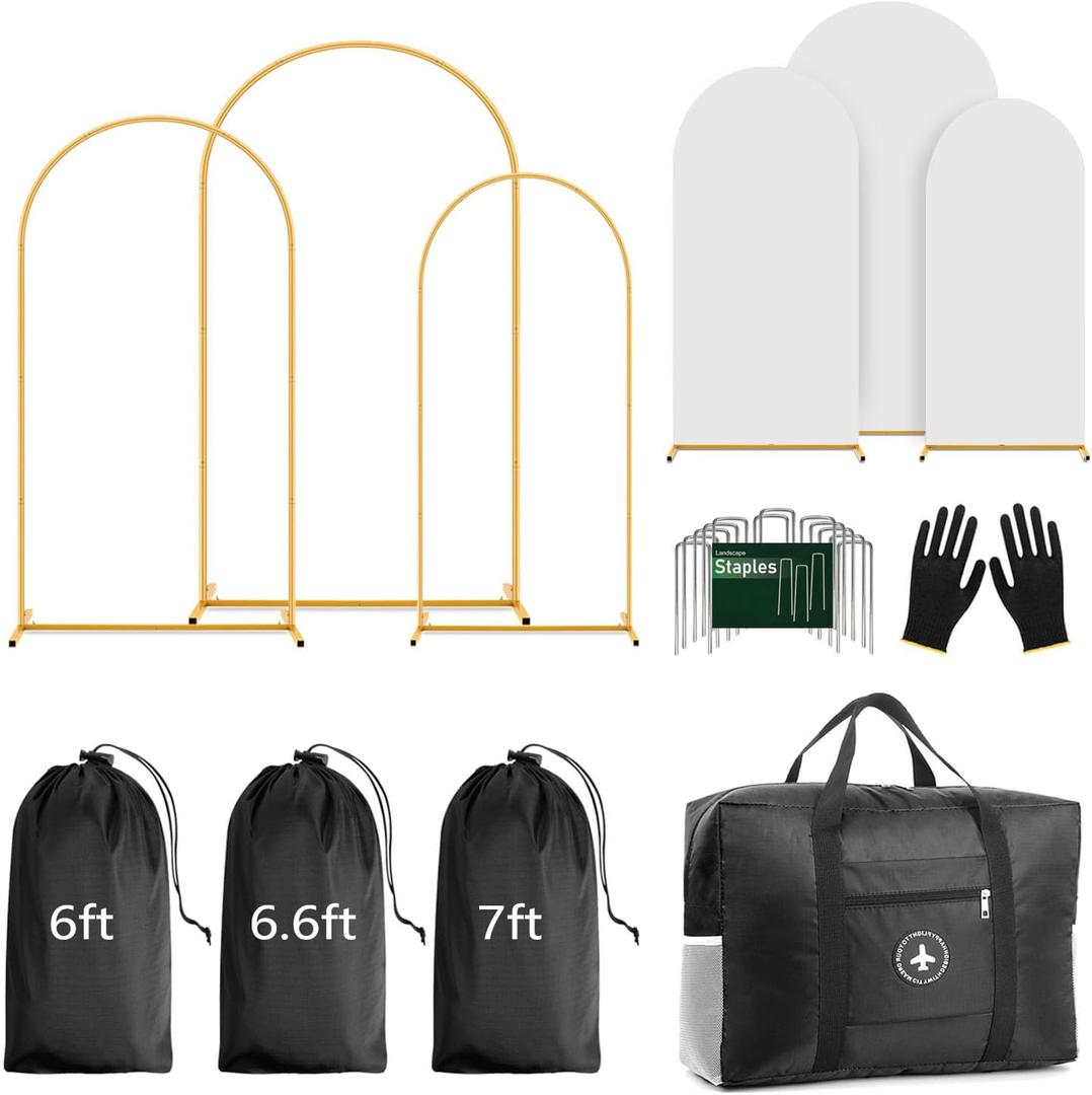 Arch Backdrop Stand and Cover Set (7.2ft,6.6ft,6ft) Metal Arch Frame Stand Gold, Wedding Birthday Party Baby Shower Graduation (White, 7.2Ft+6.6Ft+6Ft)