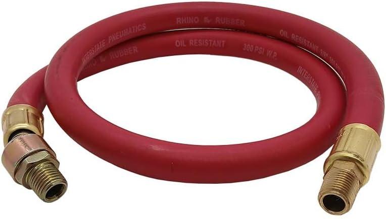 Red Rubber Air Hose Whip 3' Long 1/4" I.D. with 1/4" Male Ball Swivel