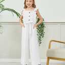 SODLON Girls Jumpsuit Kids Clothes Fashion Ruffle Sleeveless Wide Leg Belted Romper Smocked Summer Outfits with Pockets, 9-10Y