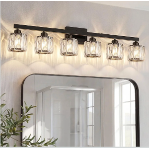 VOLISUN Crystal Vanity Lights for Bathroom, 6 Light Bathroom Vanity Light, Modern Matte Black Bathrooms Light Over Mirror, Black Bathrooms Lights Fixtures-UL Certificated(Exclude Bulb)