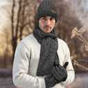 Mens Hat and Gloves Set, Warm Beanie Knit Long Scarf Fleece Lined Winter Hats Touchscreen Gloves for Men (Style A-grey Black)