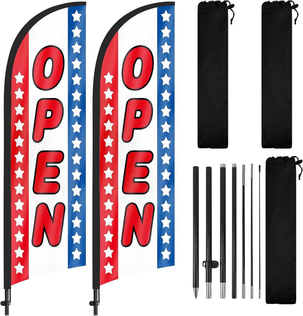 Open Feather Flag with Pole and Ground Stake 8Ft, Open Sign Swooper Flag Advertisng Feather Banner for Outside Businesses, 2Pack