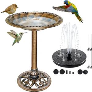 Bird Bath for Outside, Large 28 inch Tall Birdbaths for Outdoors with Solar Water Fountain, Plastic Retro Copper Bird Baths Bowl for Outdoor Garden Lawn Yard Patio Hotel Landscape Decor - Wide 20
