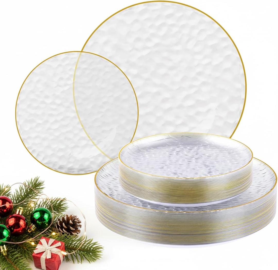 FOCUSLINE 60Pcs Clear Plastic Plates, Clear Disposable Plates with Gold Rim, 30 7" Salad Dessert Plate and 30 10" Dinner Plate Heavy-duty Hammered Plates for Party, Wedding