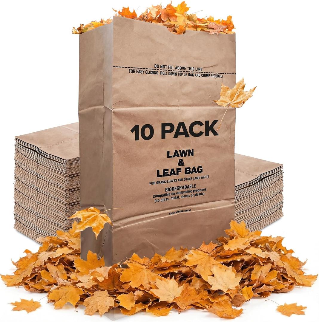 30 Gallon Kraft Lawn and Leaf Bags (10 Pack) Eco-Friendly Heavy Duty Large Paper Trash Bags, Tear Resistant Yard Waste Bags for Grass Clippings, Wet and Dry Leaves, Weeds, Twigs