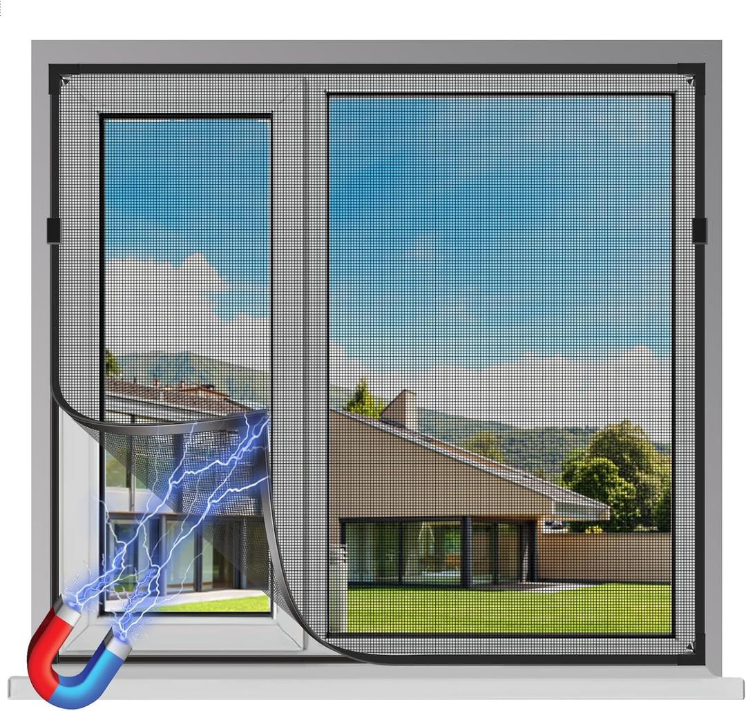 Magnetic Window Screen, Adjustable DIY 47x51in Window Screen Replacement, Black Frame Black Fiberglass Mesh, No Drilling Easy Cut-to-Fit for Sliding/Swing/Top-Hung, Fits Wood/Iron/PVC Frames