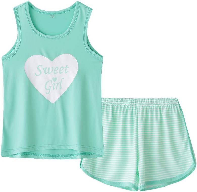 MyFav Big Kids Girls Sleeveless Sleepwears Hearts Shape Striped Pajama Nightgown