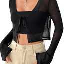 SHENHE Women's Mesh Sheer V Neck Tie Front Long Sleeve Solid Crop Cardigan (Black, XL)