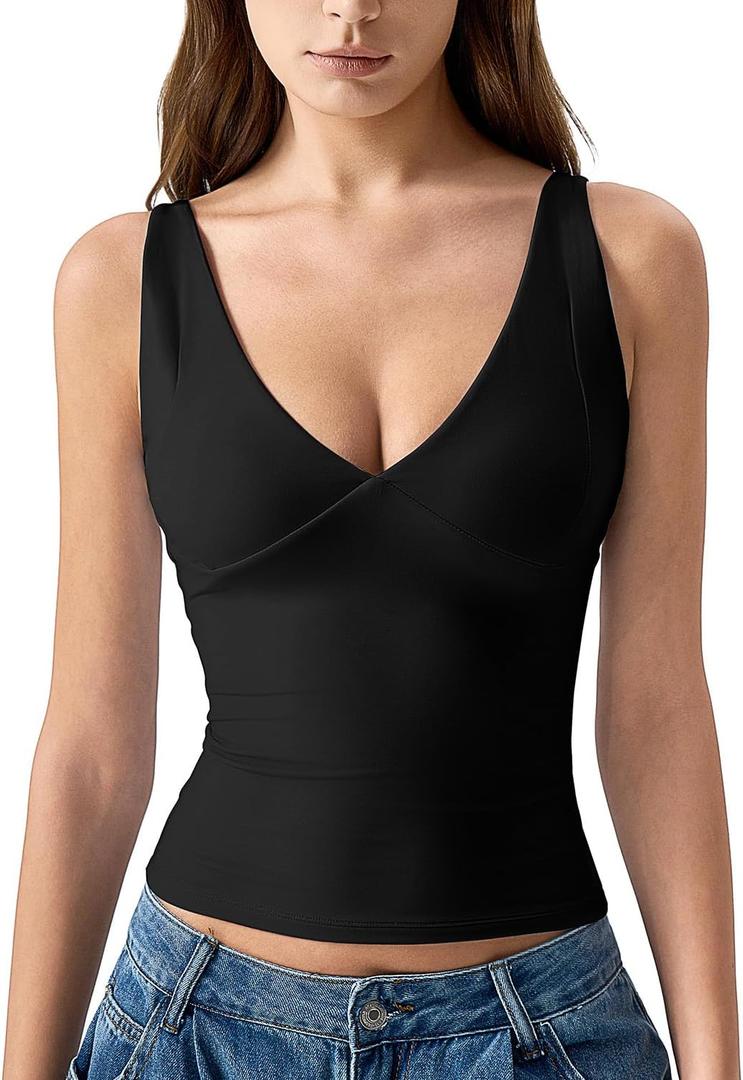 QINSEN Womens Double Lined Tank Tops Sexy V Neck Seamed Cup Adjustable Spaghetti Straps Camisole Shirts (Black, M)