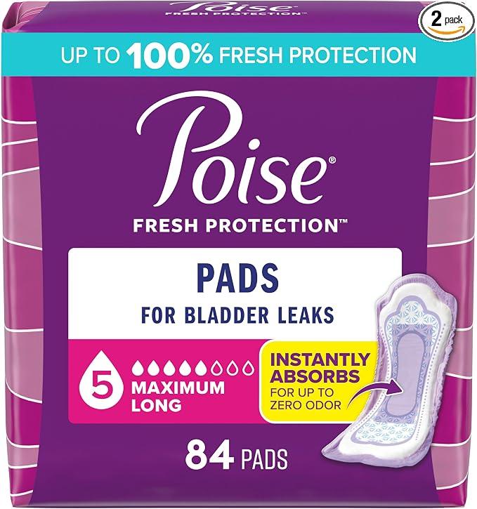 Poise Incontinence & Postpartum Pads for Bladder Leaks, 5 Drop Maximum Absorbency, Maximum Long, 84 Count