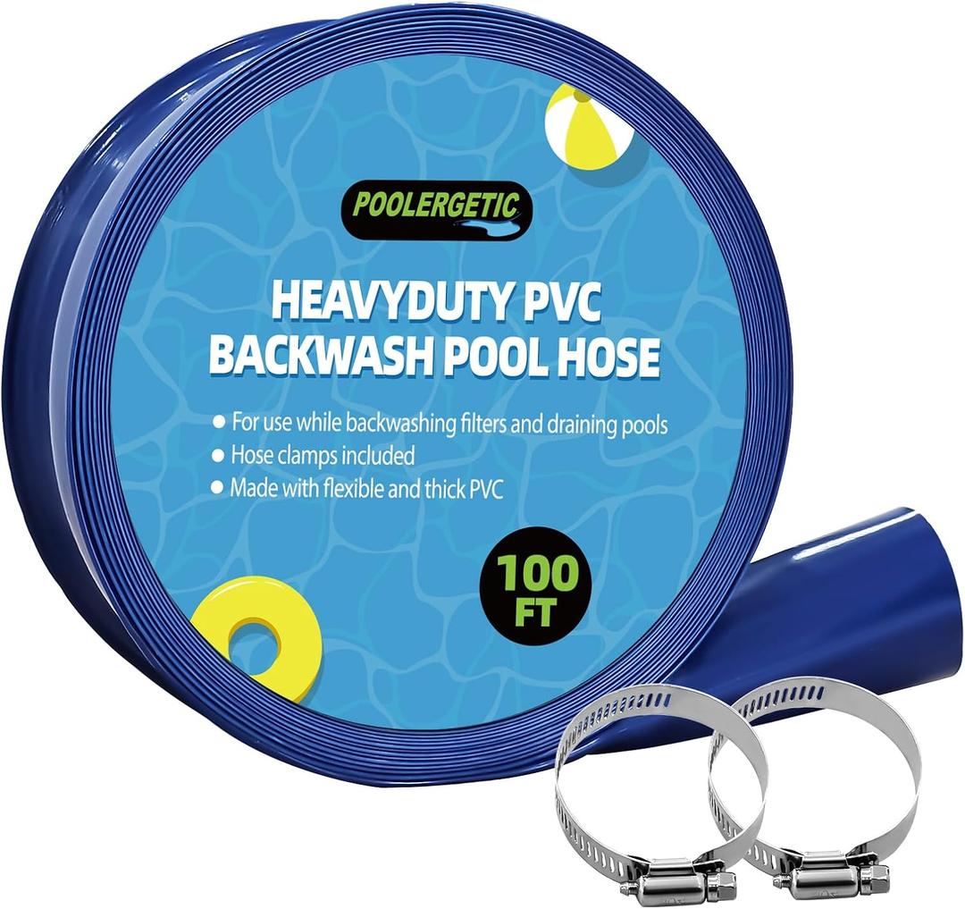 1 1/2 IN x 100 FT Pool Backwash Hose, Heavy-Duty PVC Lay Flat Hose, Weatherproof Burst Resistant, Pool Drain Hose for Water Transfer, Sump Pump, Pool Drain, with 2 Clamps