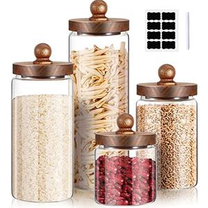 Gerrii Glass Storage Jars Set of 3, Clear Food Storage Containers with Wooden Lids Airtight Kitchen Canisters with Sticker and Chalk for Candy Cookie Rice Sugar Flour Pasta Nuts Beans Spice, Sizes