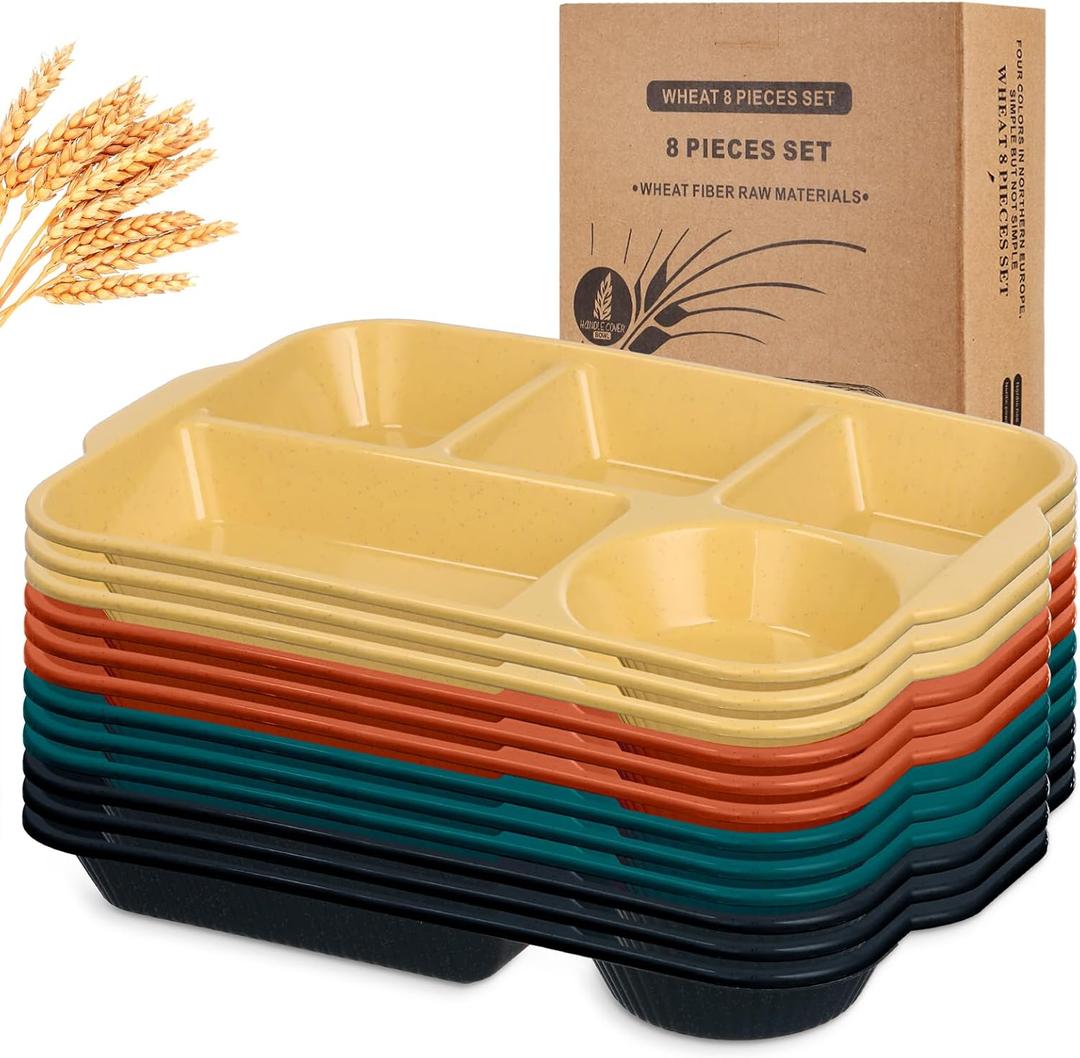 Pinkunn 12 Pcs 13'' Large Divided Plates Reusable Unbreakable Wheat Straw Plates 5 Compartment Lunch Trays Bulk Microwave Dishwasher Safe Food Portion Control Plates(Orange,Yellow,Green,Blue)