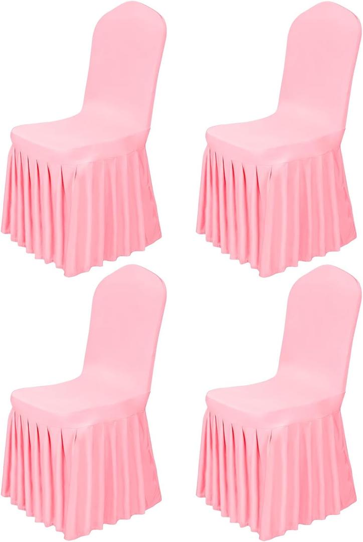 Babenest 4pcs Chair Cover with Long Skirt, Washable Universal Parson Chair Protector, Anti-Dirty Stretchy Dining Room Skirted Chair Slipcover Extended Version for Home, Hotel, Ceremony, Party(Pink)