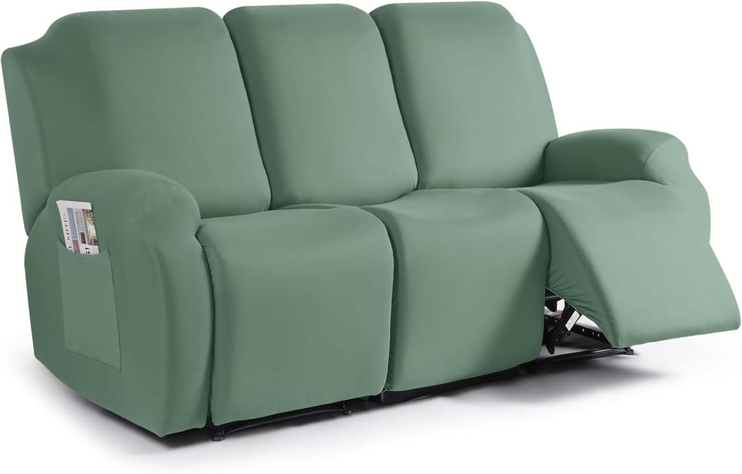 TAOCOCO Recliner Sofa Slipcover, 3 Pieces Polyester Fabric Stretch Sofa Covers for 3 Seat Reclining Couch, Soft Washable Furniture Protector with Pockets (3 Seat, Bean Green)