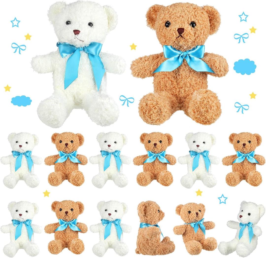 Kathfly 12 Pcs Mini Stuffed Bears Bulk 10 Inch Soft Small Plush Bears Bulk Cute Animal with Ribbon Bow Toy Gift for Birthday Wedding Party Brown White (Blue)