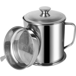 Tellshun Bacon Grease Container with Strainer 1.8 L / 60 oz Kitchen Catcher Food-grade Stainless Steel Cooking Oil Keeper with Lid and Easy-Grip Handle Suitable for Storing Frying Oil