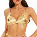 Women's Metallic Crop Tops Shiny Bralette Rave Bra Bikini Swimsuit Top (Medium, Gold)