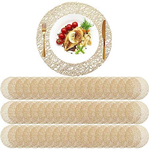 Sieral 60 Packs Gold Round Placemats 15 Inch Hollow Out Pressed Vinyl Place Mats Heat Resistant Woven Gold Placemats for Christmas Dinner Table Winter Holiday Party Wedding Centerpiece Decoration