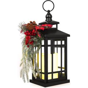 Metal Christmas Vintage Candle Lanterns with Led Light,Red Ribbon Decorative Hanging Lantern for Indoor Outdoor Decorations Party Gift, Christmas Porch Decor, WOKEISE