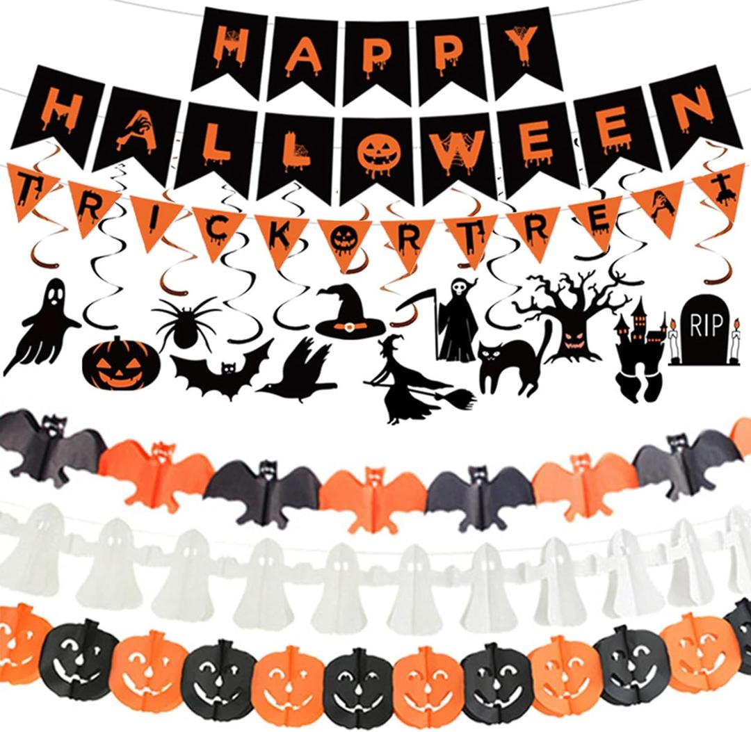 Halloween Decorations Indoor Party Decor, HAPPY HALLOWEEN Accessories with TRICK OR TREAT Banner, 3 PCS Large Garland Bat Ghost Pumpkin, Hanging Party Supplies Backdrop for Home Office Classroom