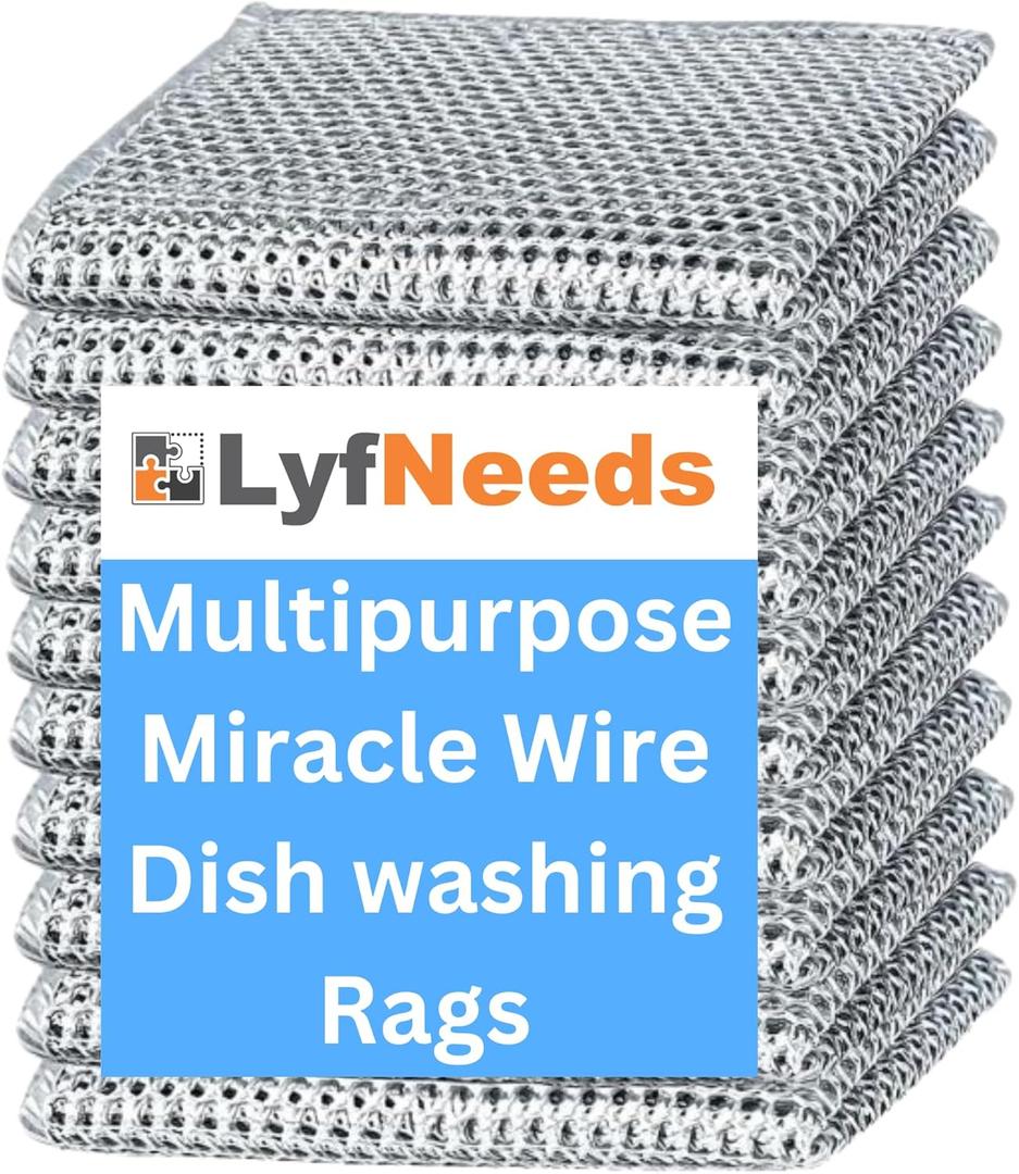 3 x Non Scratch Wire Dishwashing Rag, 8 Pack Double Layer Reusable Wire Dishcloth, Silver Mesh Metal Cleaning Cloth for Pots, Pans, Sink, Steel Cookware, Wet & Dry Cleaning