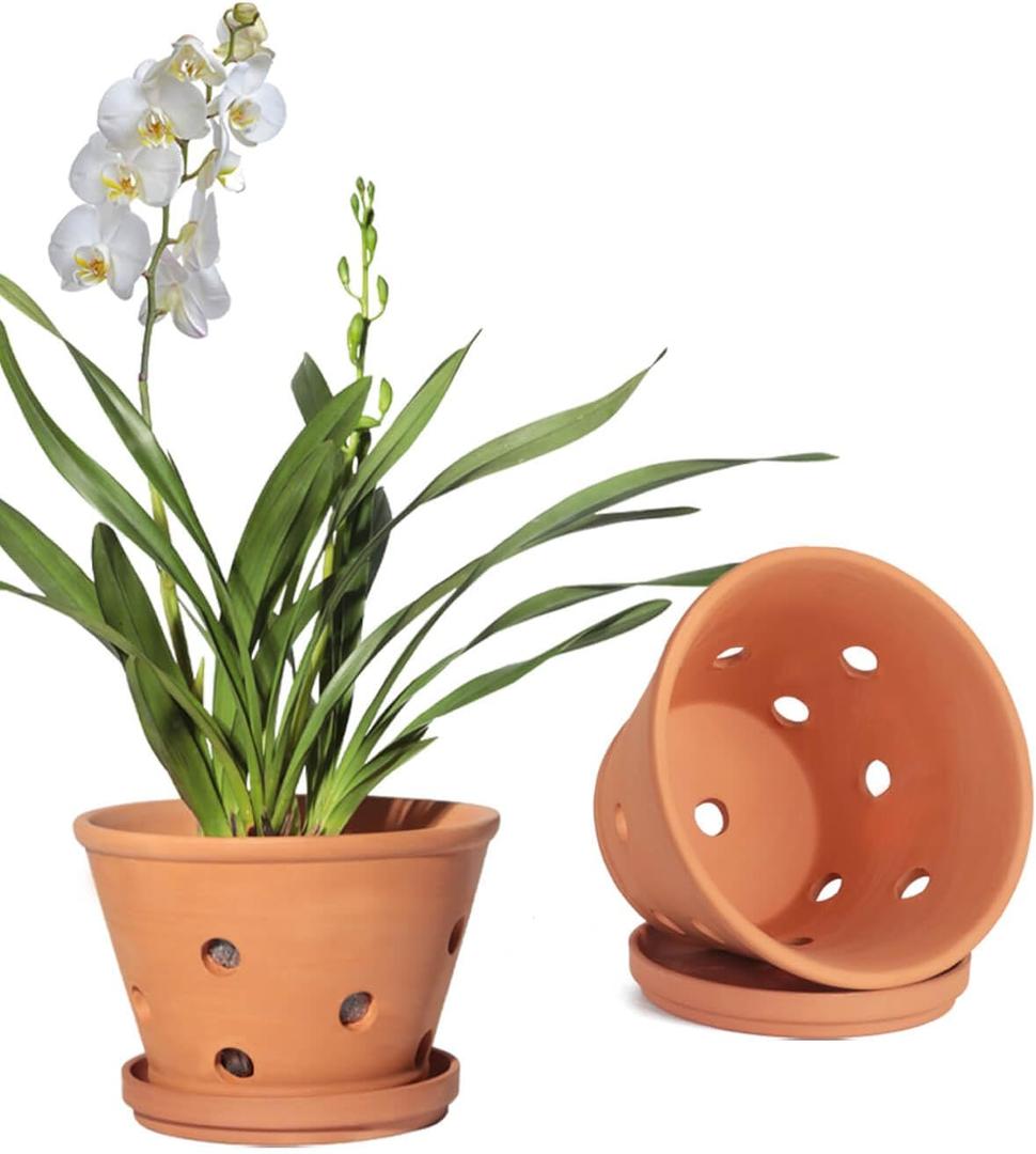 vensovo 8 Inch Terracotta Orchid Pots with Holes and Saucers - 2 Pcs Large Clay Planters for Repotting, Terra Cotta Pot for Plants Indoor and Outdoor Promotes Air Circulation, Brown 